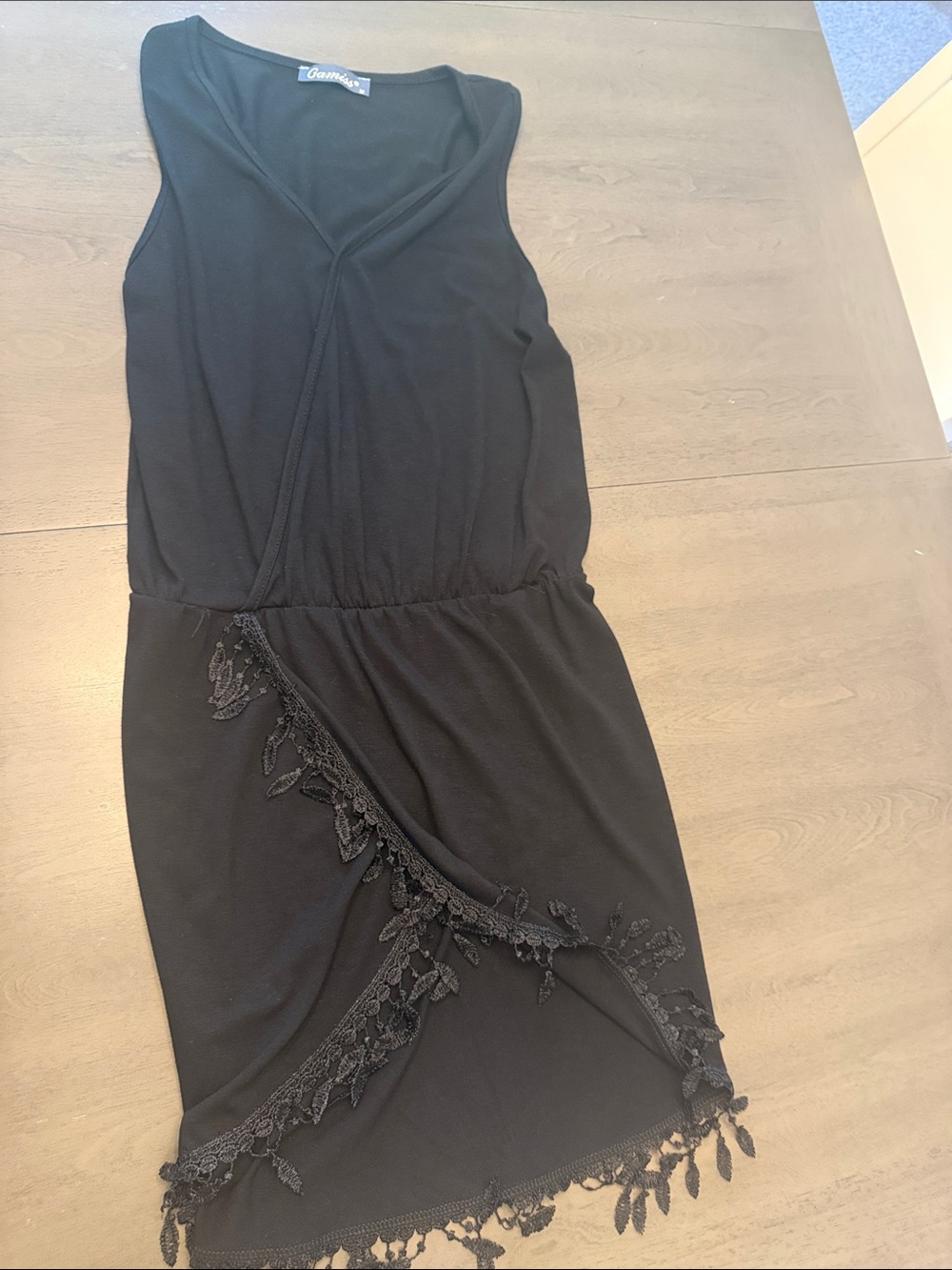 garmin Black Sleeveless V-Neck Mini Dress with Lace Trim
